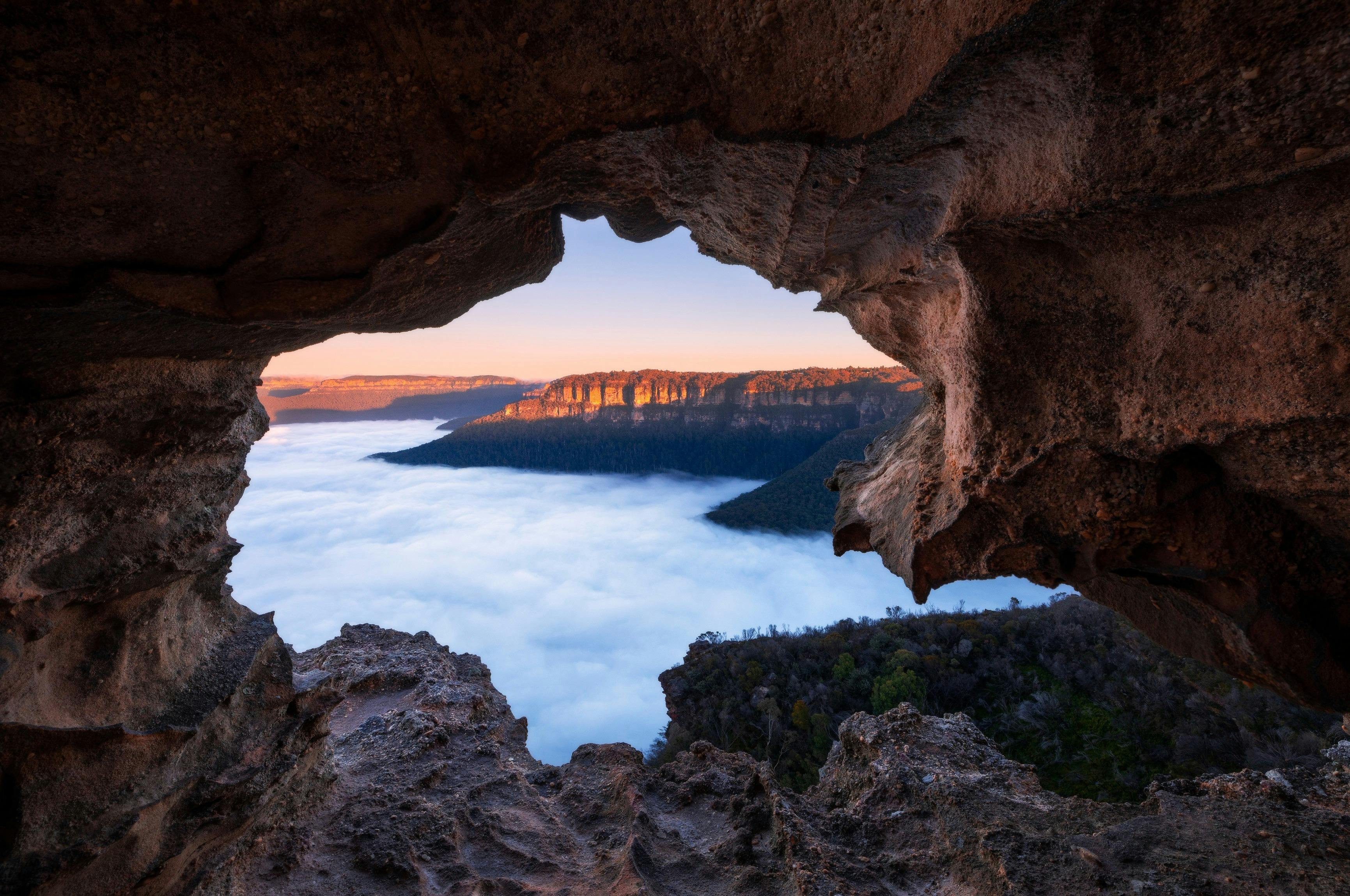 Morning fog over Blue Mountains National Park as seen from Lincolns Rock in Wentworth Falls