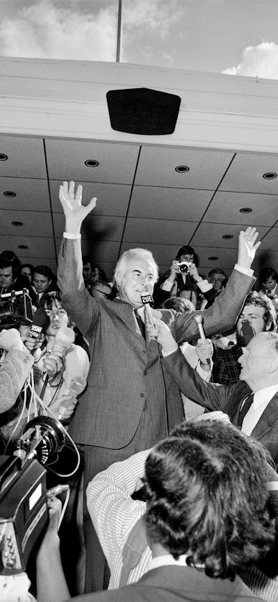 Black and white photograph of prime minister Gough Whitlam in 1975.