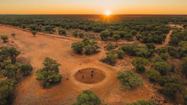 Drone view of sand greens Quilpie Golf Course at Sunrise