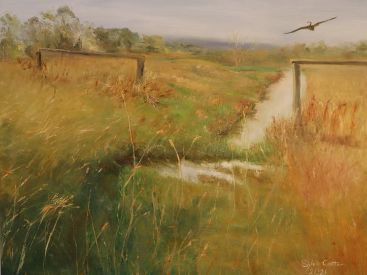 oil painting of grasslands with duck in flight