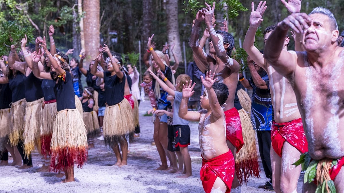 Large group of Male & Female Traditionally dressed Butchulla Peoples