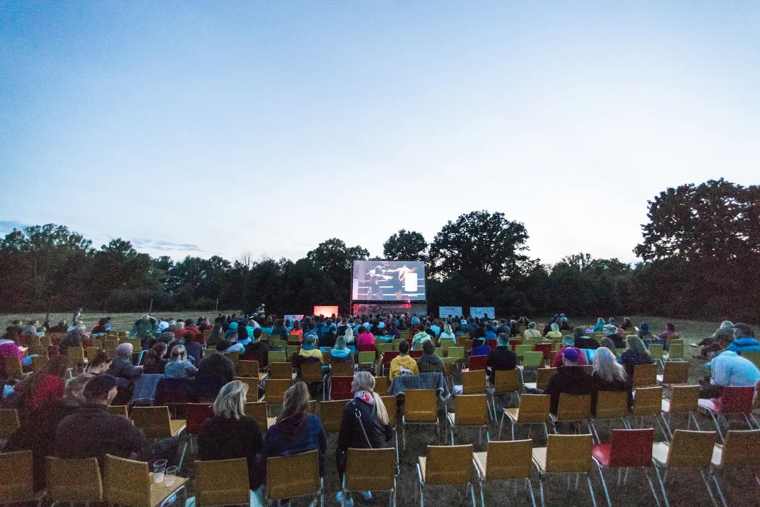 A large audience gathered on a grassy park for an outdoor movie screening at twilight
