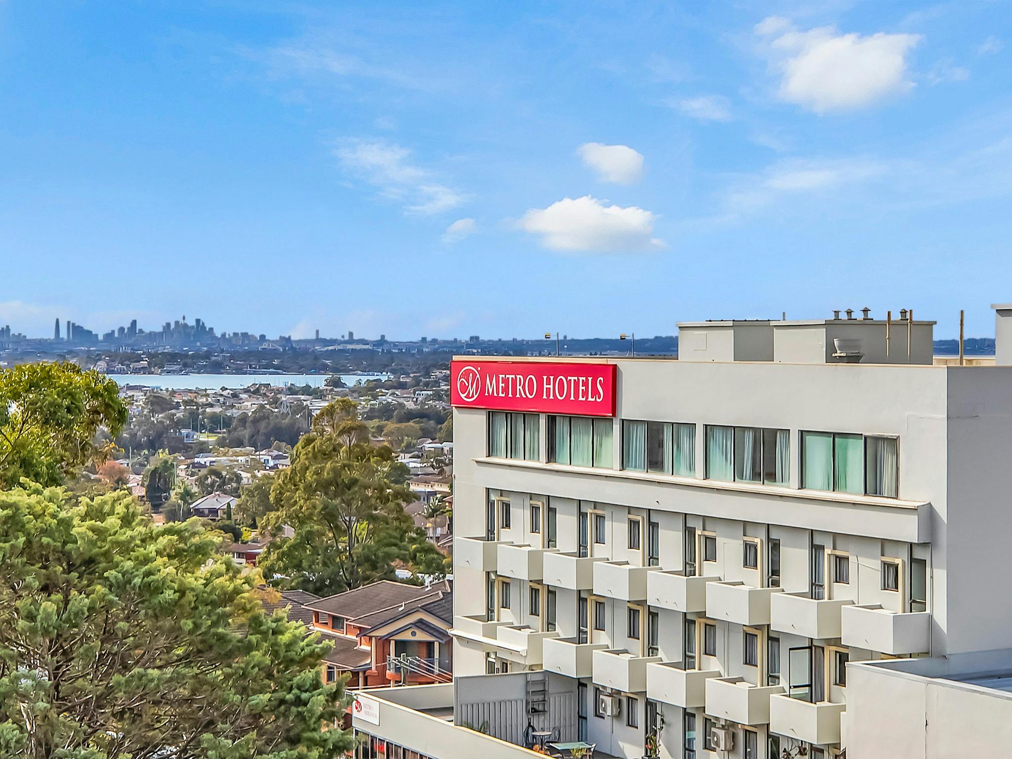 Exterior views of Metro Hotel Miranda, towards Sydney CBD and Botany Bay