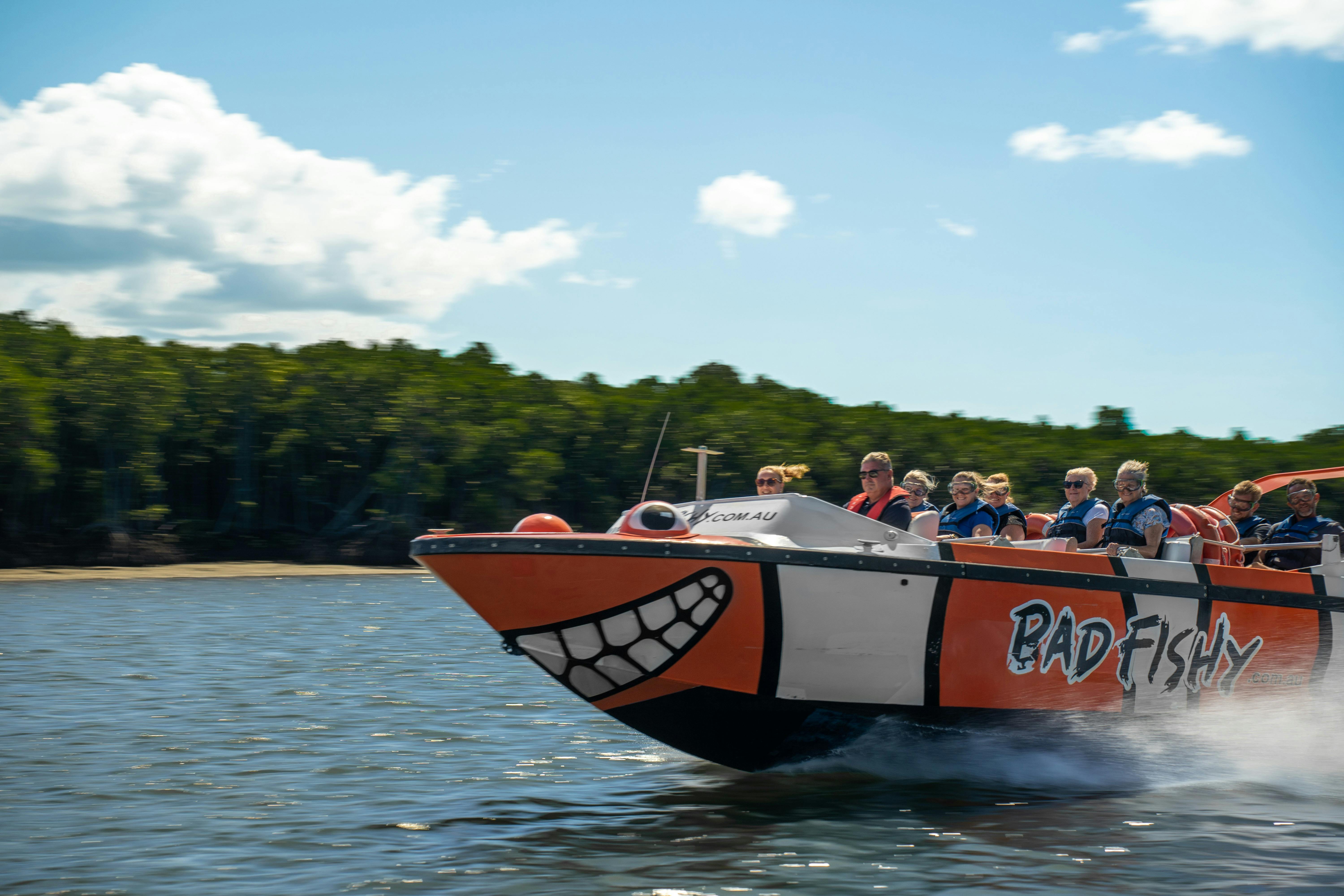 Cairns Jet Boat Bad Fishy Speeding through the Trinity Inlet in Tropical North Queensland
