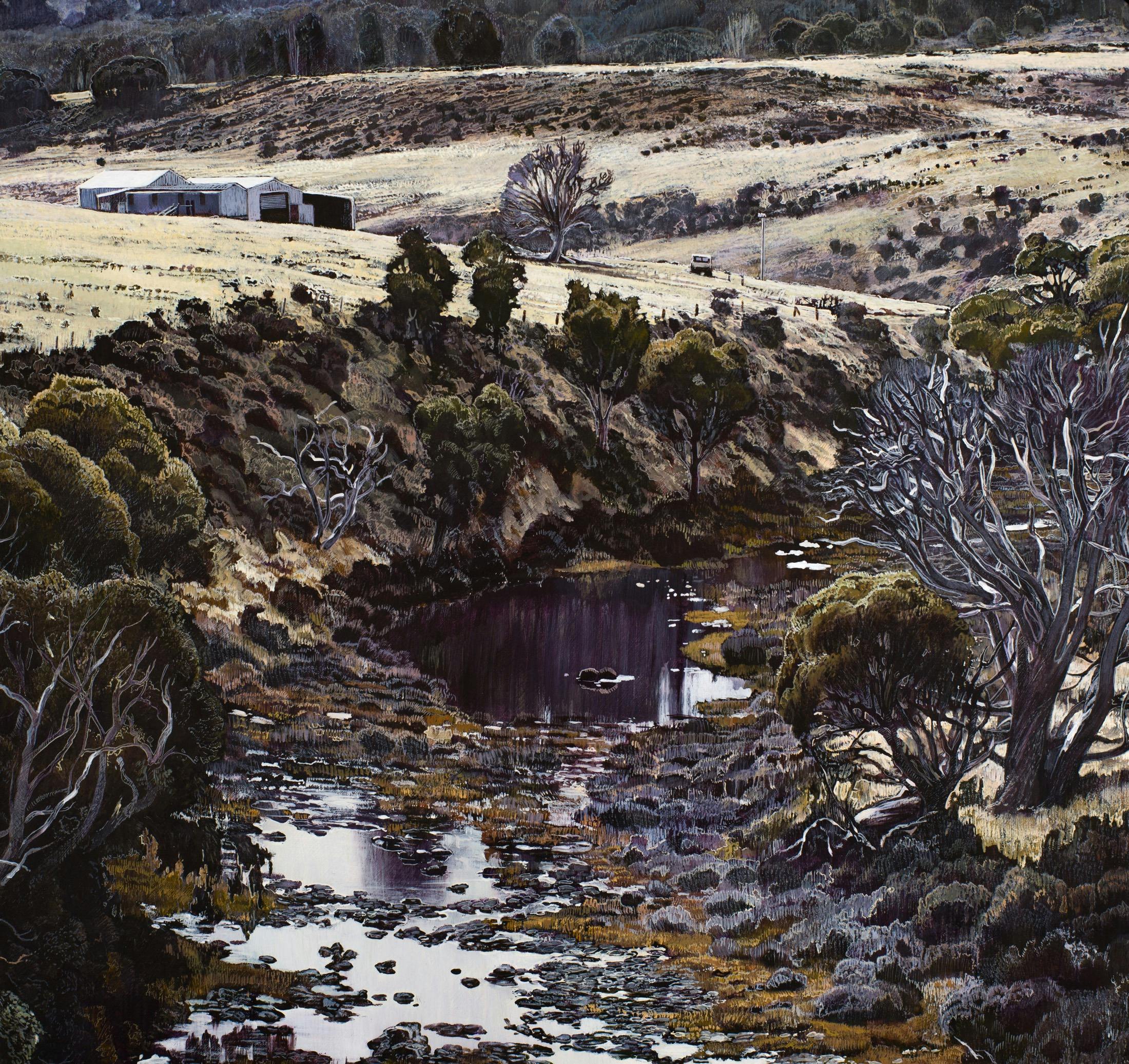 Painting of a river bend with abandoned shed on hill side above.