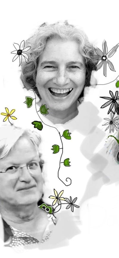 Five band members smiling with plants growing around them and creatures peeking out
