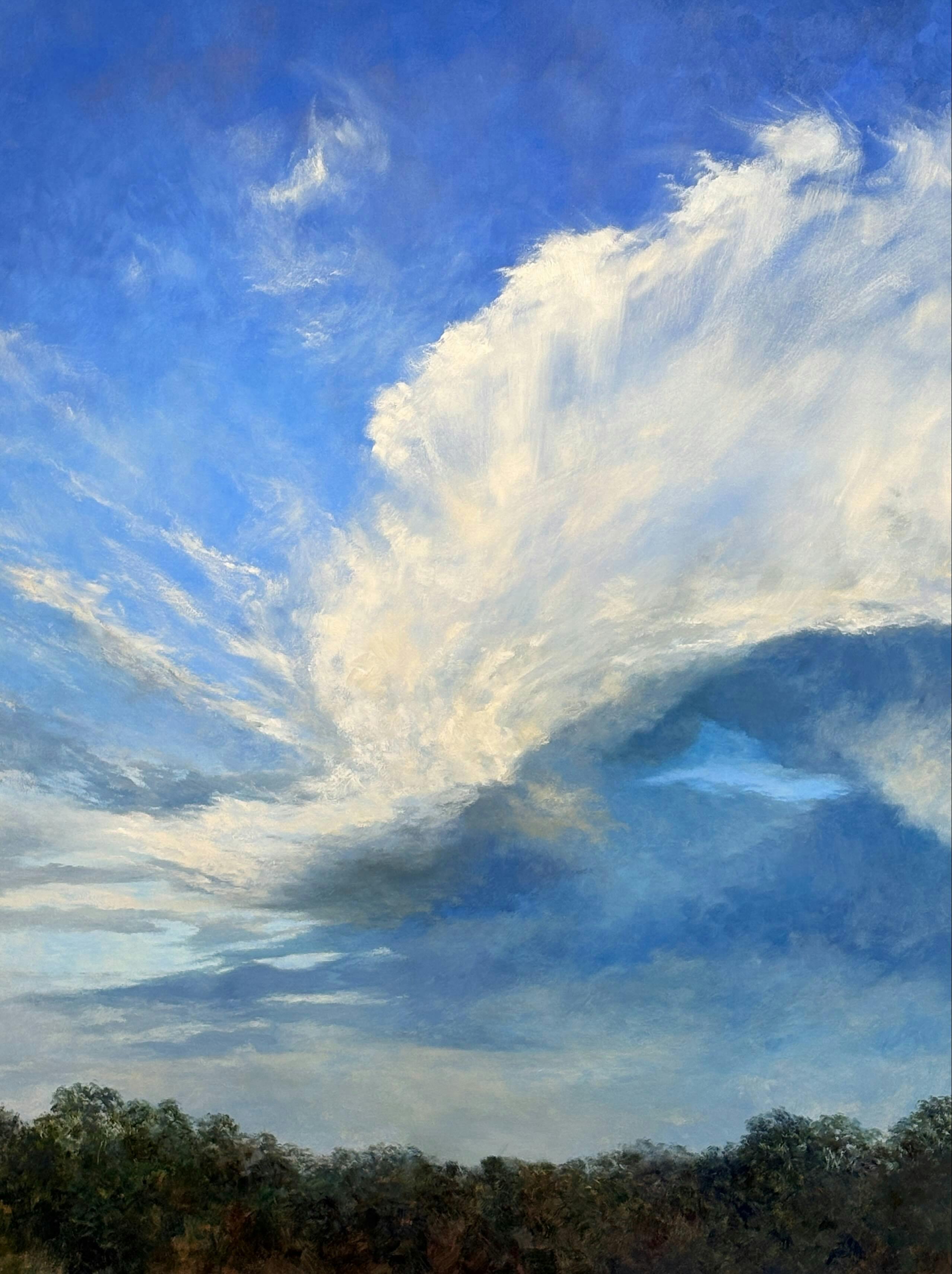 Oil painting, landscape of dramatic sky with trees by Corinne Loxton