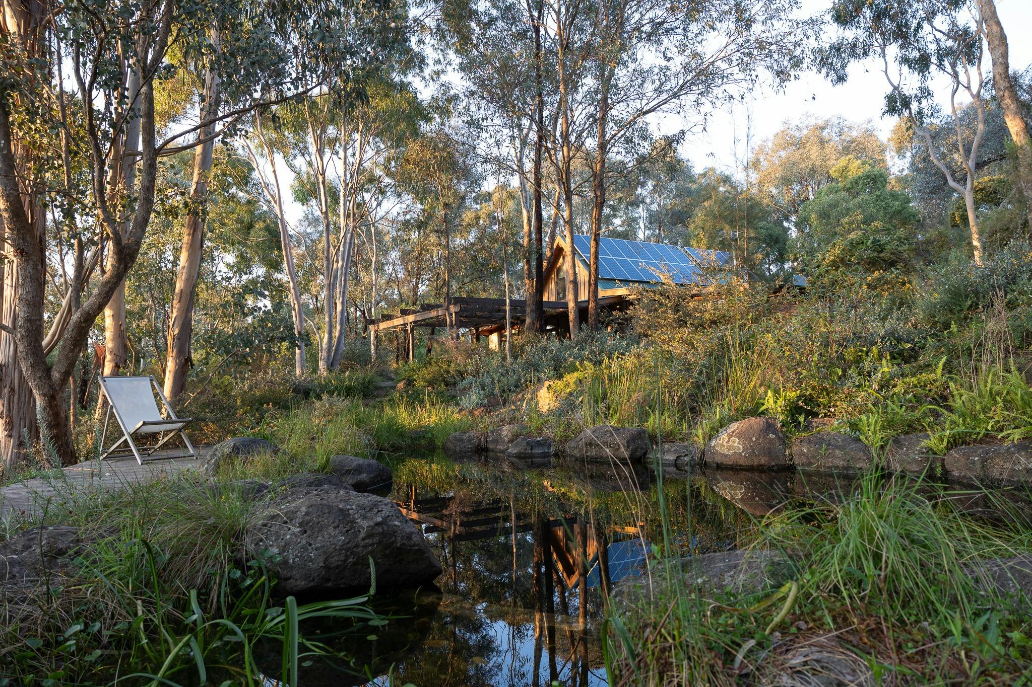 Open Gardens Victoria - Sam Cox: Wattle Glen Garden, pond with mudbrick house in background