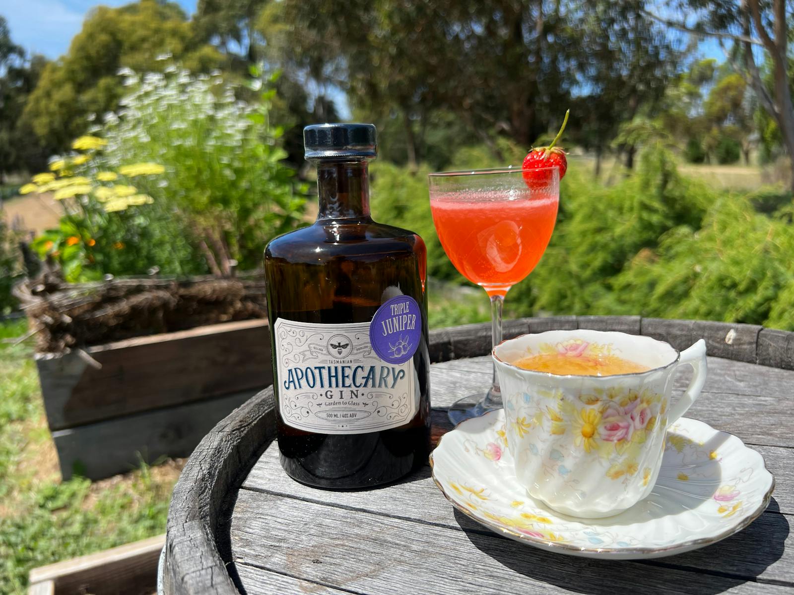 Gin bottle with cocktails in a glass and cup in a herb garden