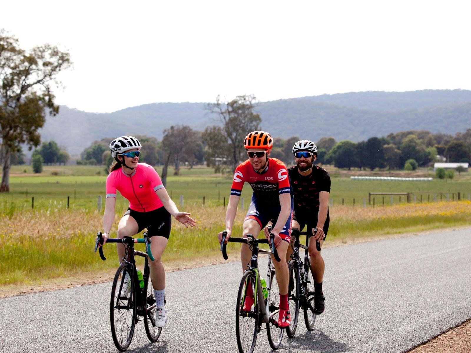 Cyclists on road farm land gum tree mountains in background