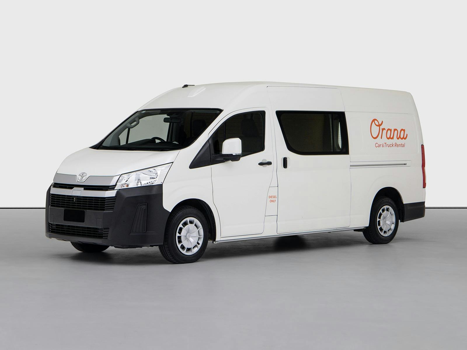 White Toyota HiAce Van offered by Orana, shown from the front on a plain studio background.