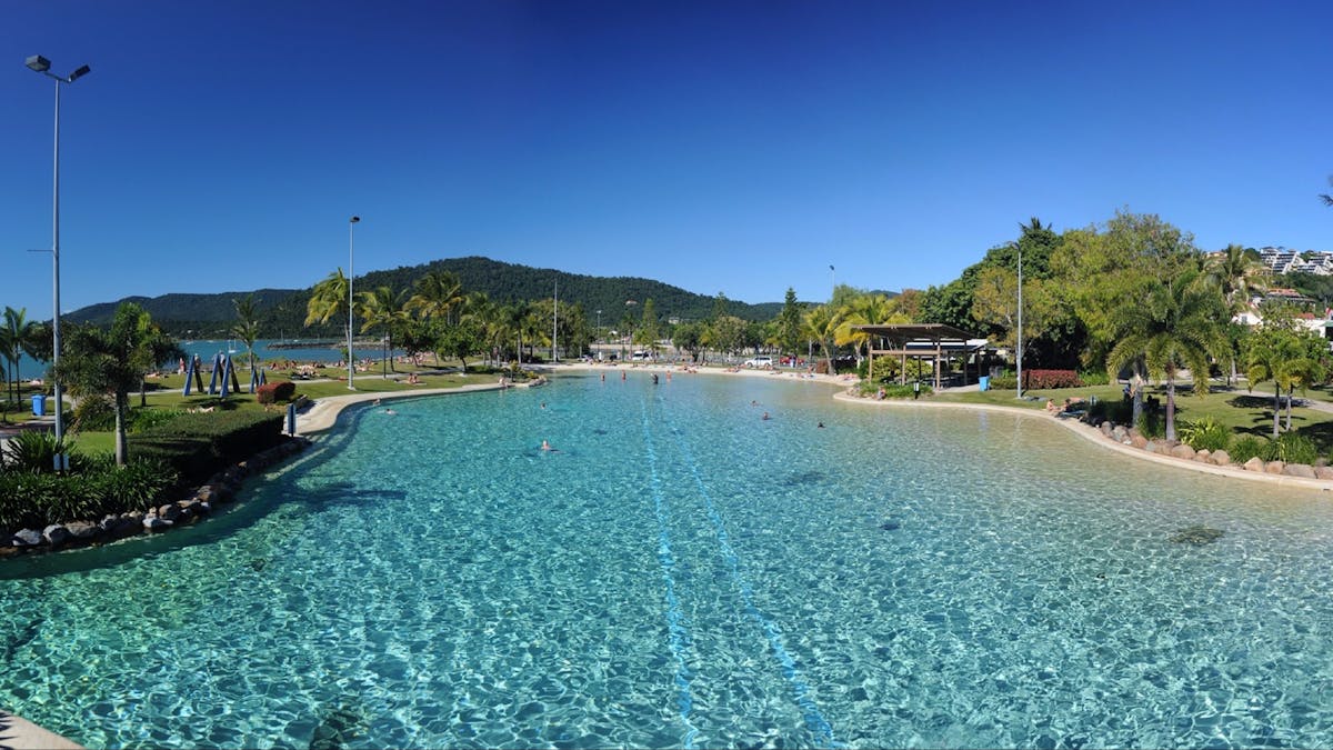 Calm waters of the lagoon pool surrounded by green grass areas and palm trees