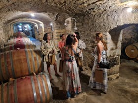 Valley Wine Tour customers in an underground cellar