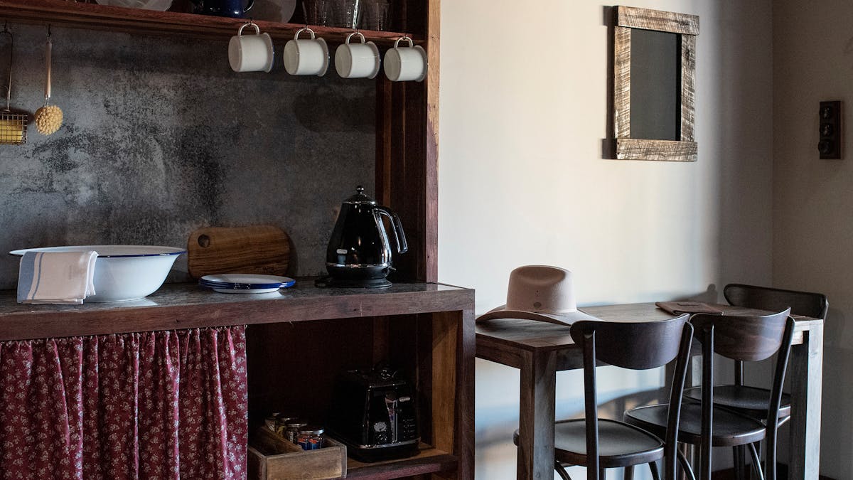 The Staging Post accommodation. The Stables room dining area with tea and coffee making facilities.