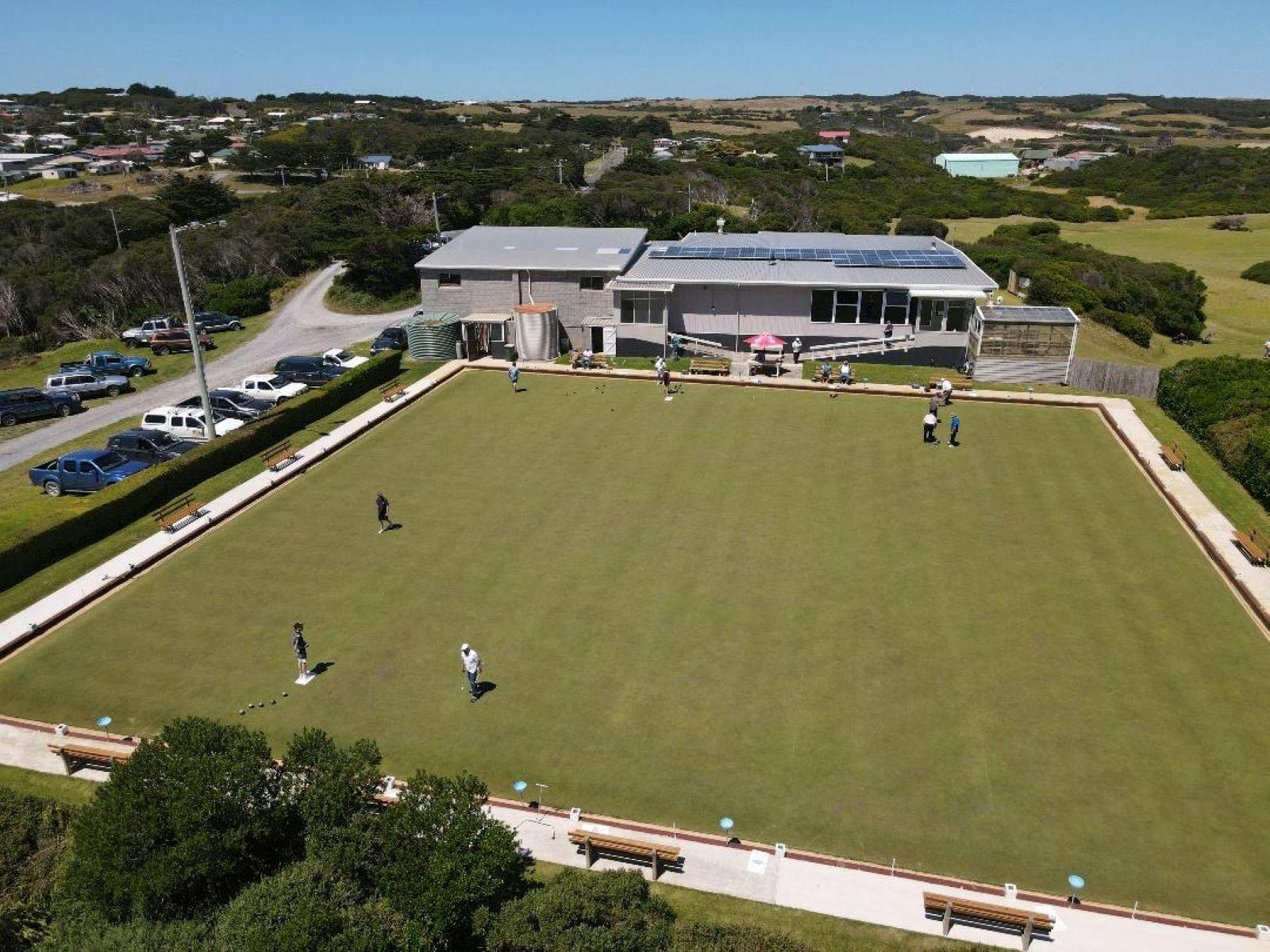 Aerial photography showing the  King Island Bowling Green and the clubhouse