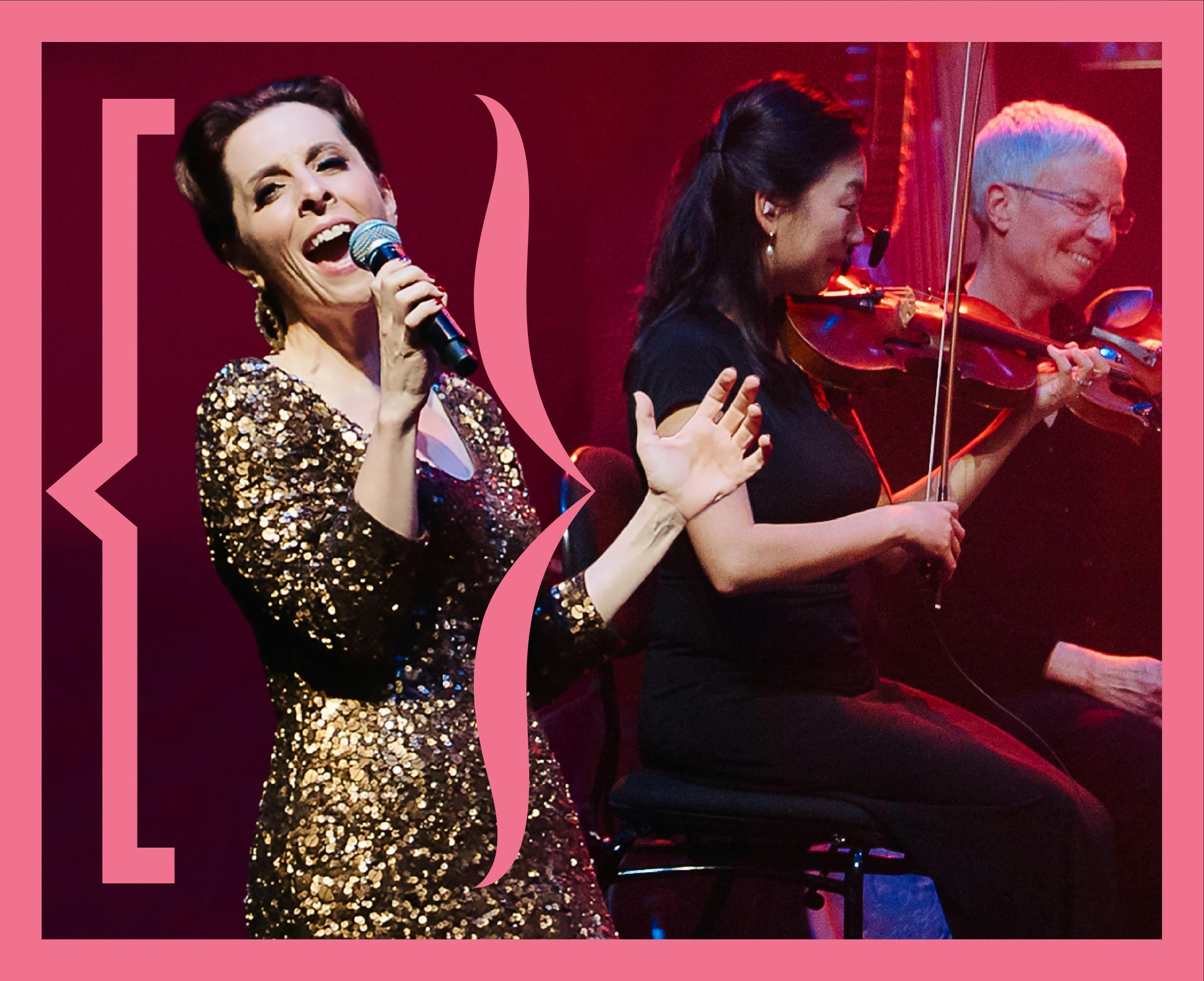 A woman in a sparkly dress sings in front of a string section