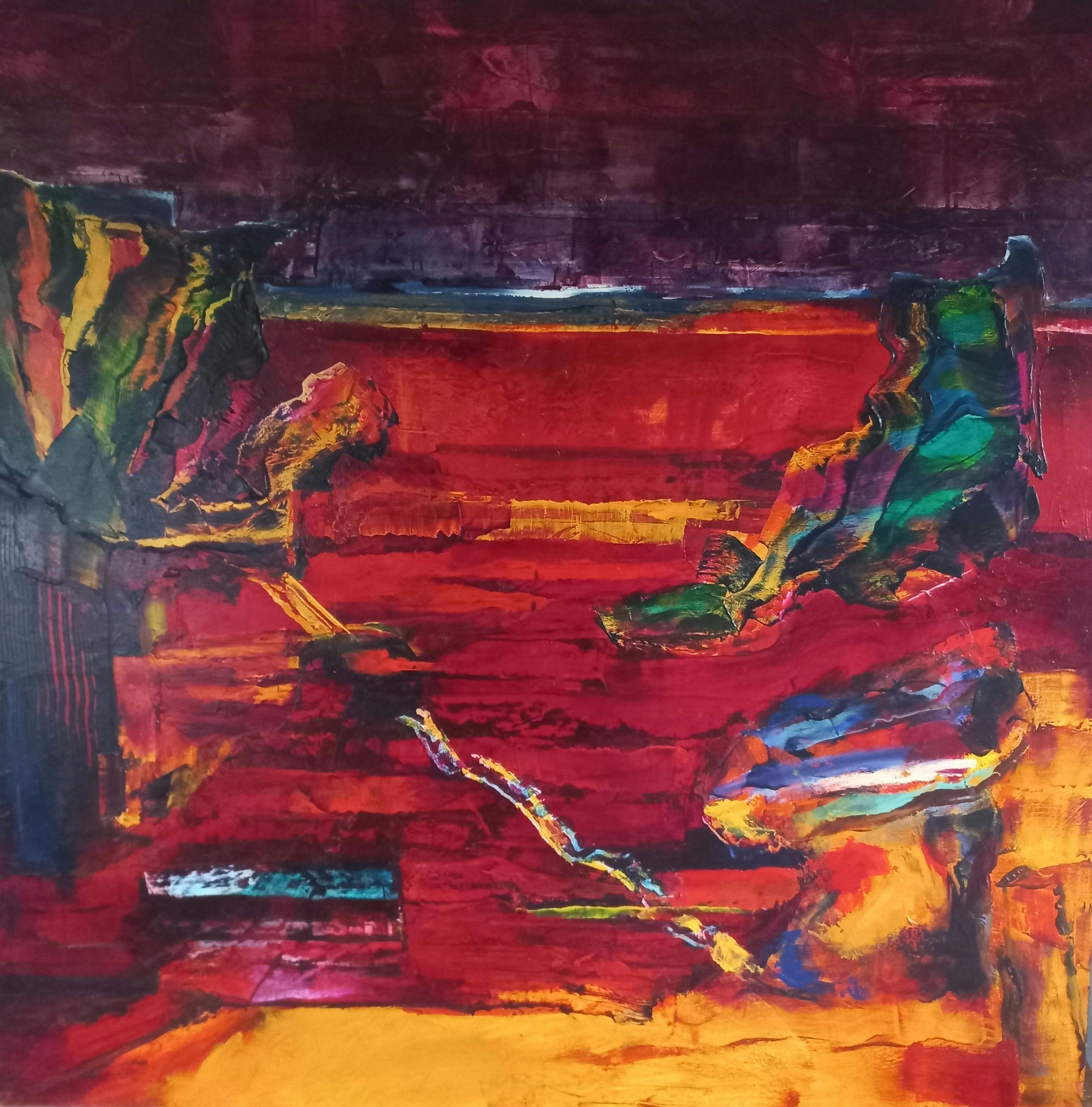 Vibrant colors are used in the abstract painting