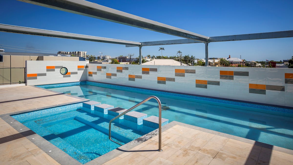 Sun drenced lap pool on the third floor recreation deck.Outdoor pool