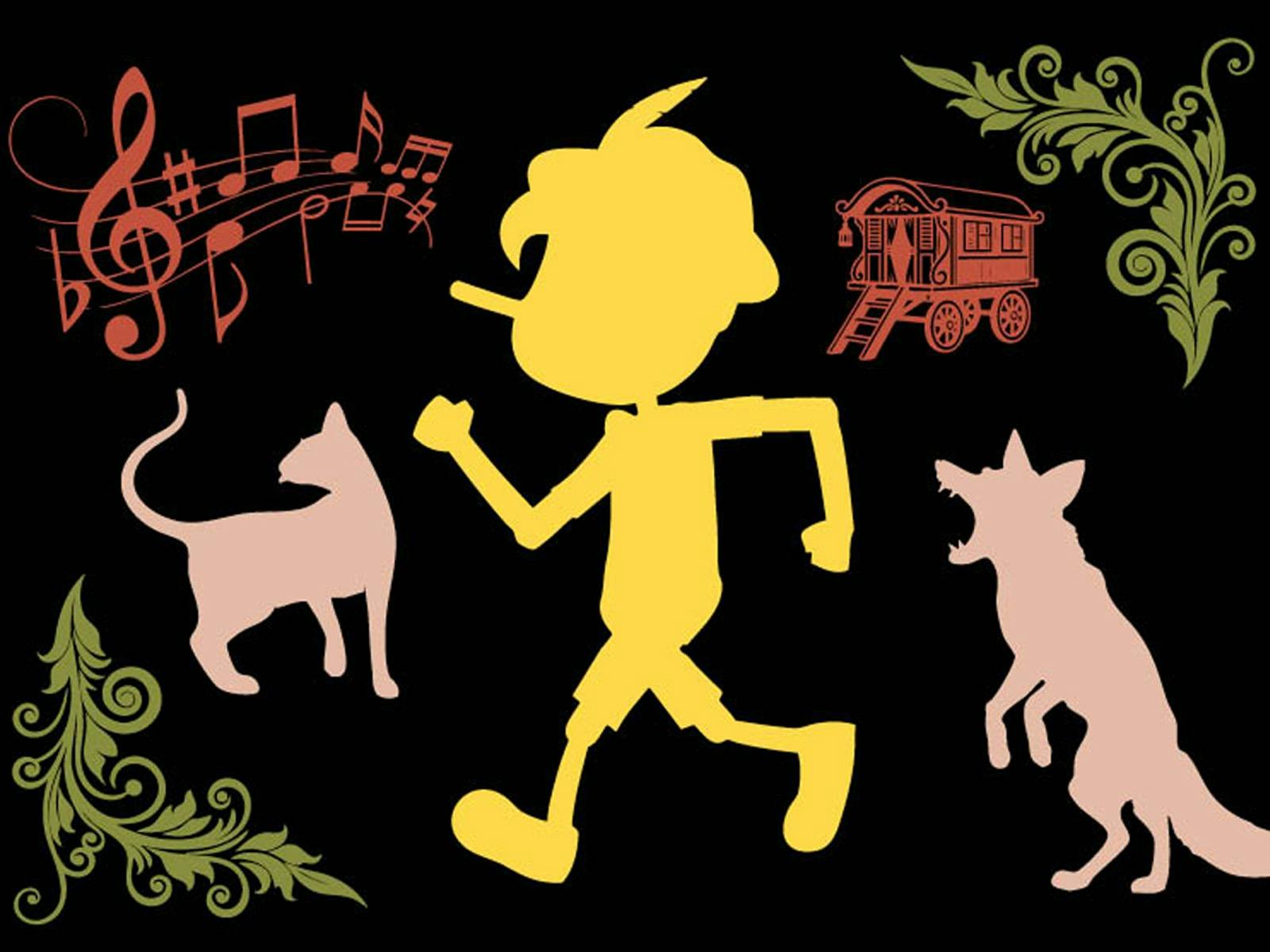 Illustration of characters with boy in the middle surrounded by a cat, dog and musical notes.