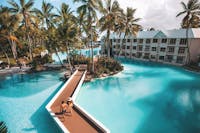 Walkways surrounded by sparkling blue lagoons