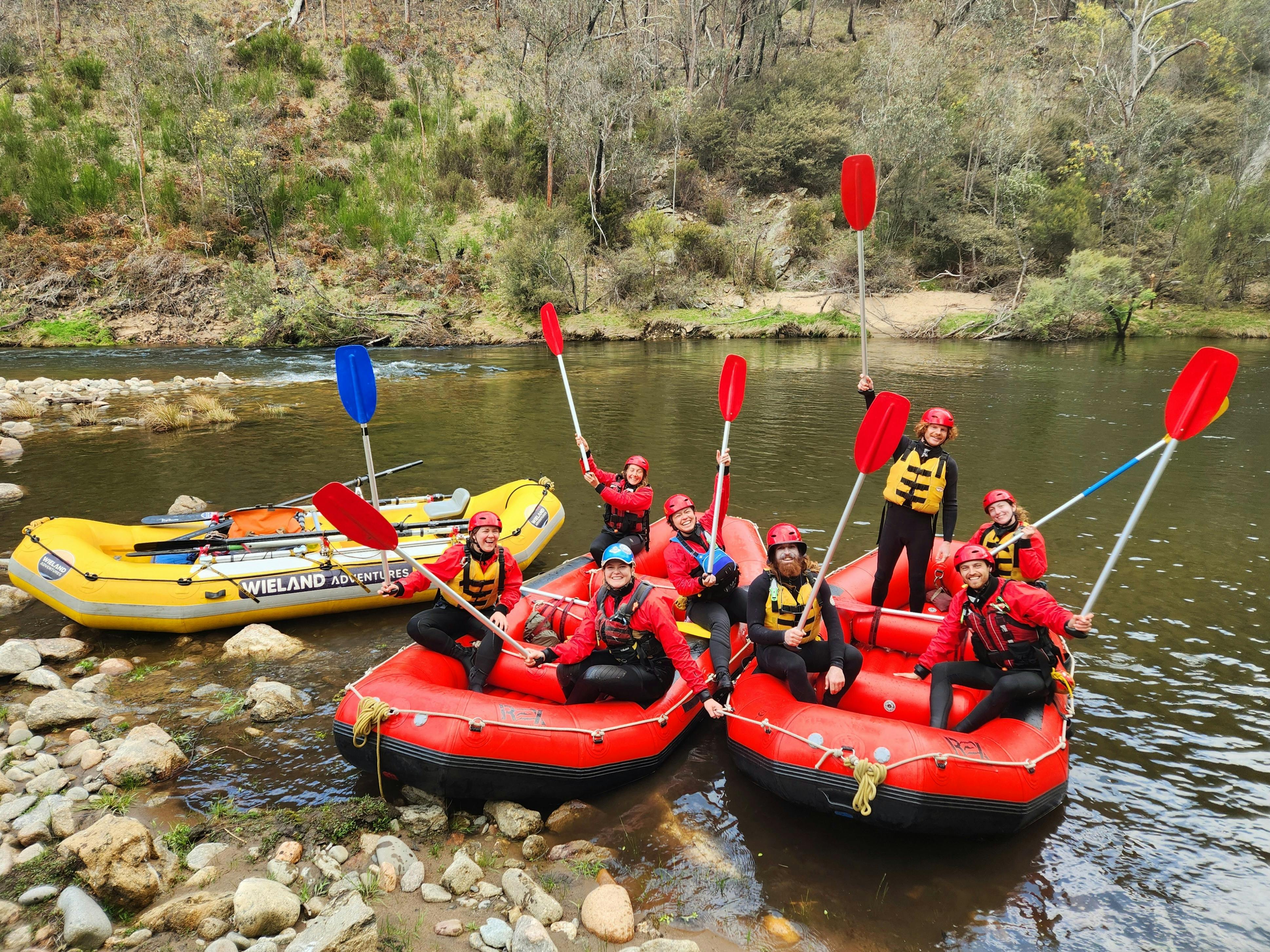 A red whitewater raft mid rapid in 'Dislocation' on the Mitta Mitta River.
