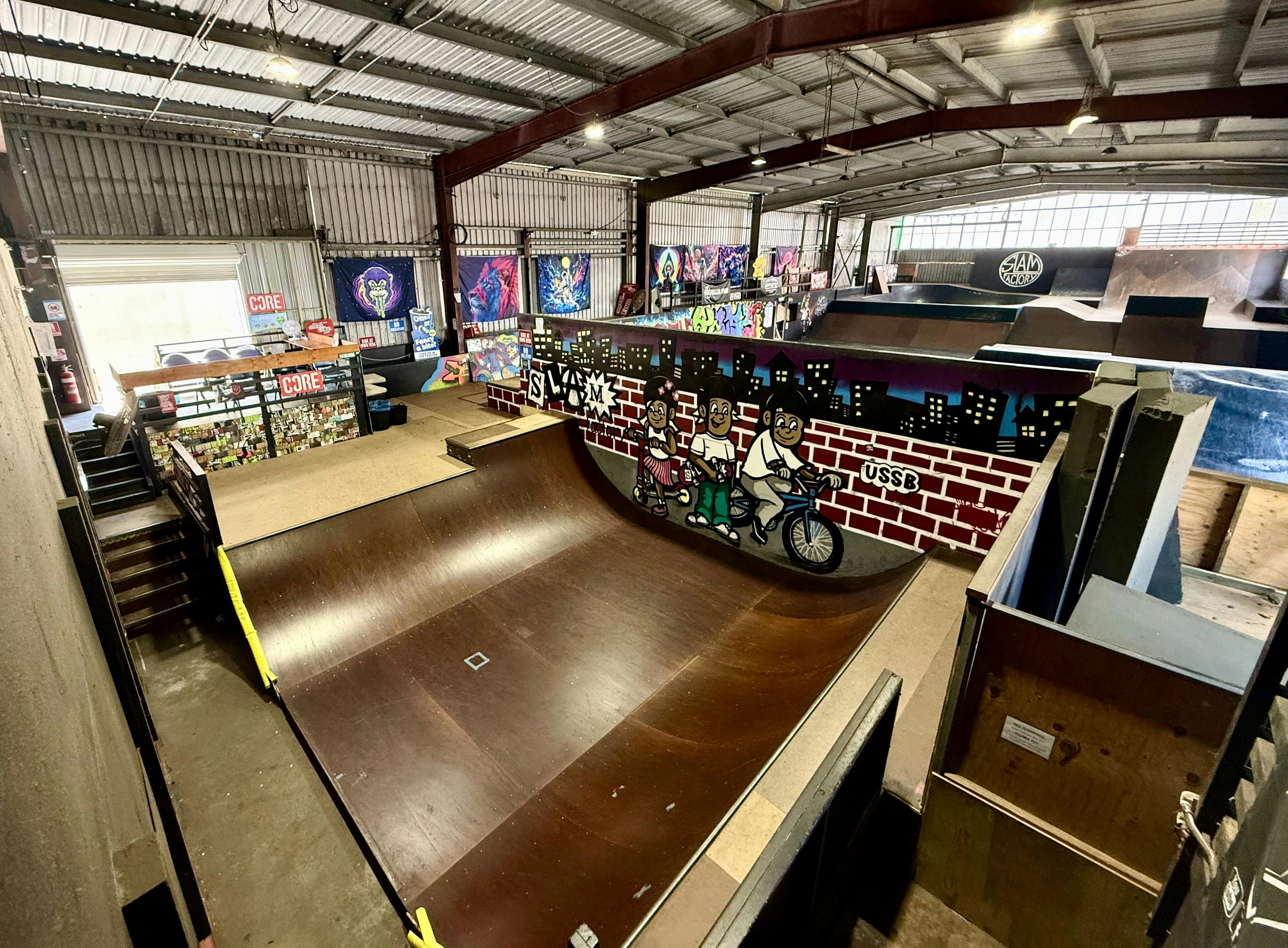Halfpipe and skate shop inside Slam Factory Indoor Skatepark in Tuggerah.