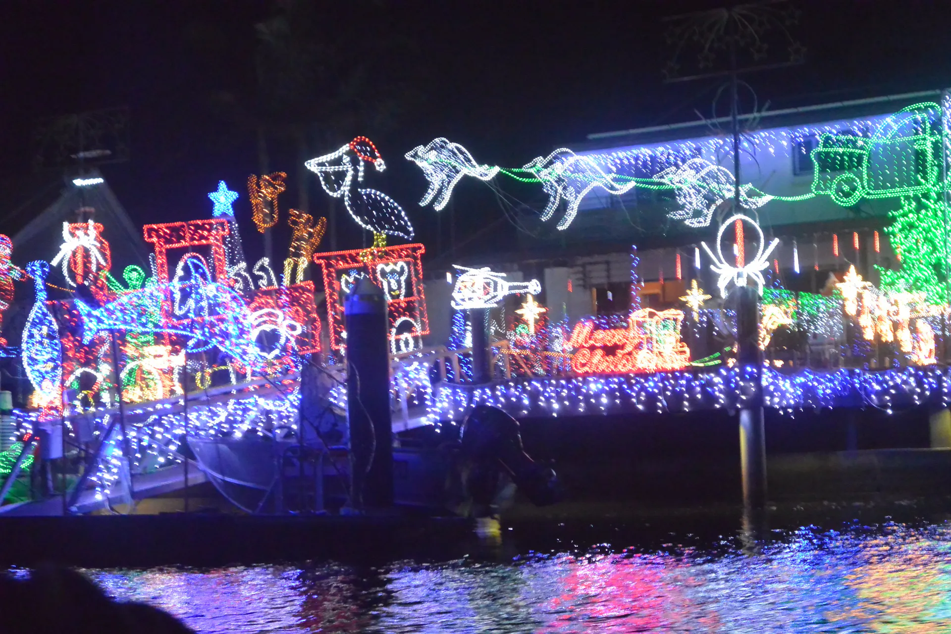 Spectacular lights from houses and pontoons throughout Mooloolaba, Sunshine Coast
