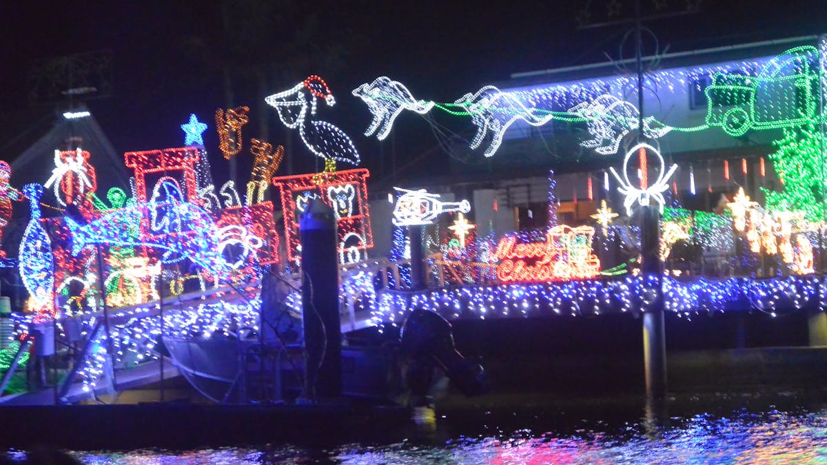 Spectacular lights from houses and pontoons throughout Mooloolaba, Sunshine Coast