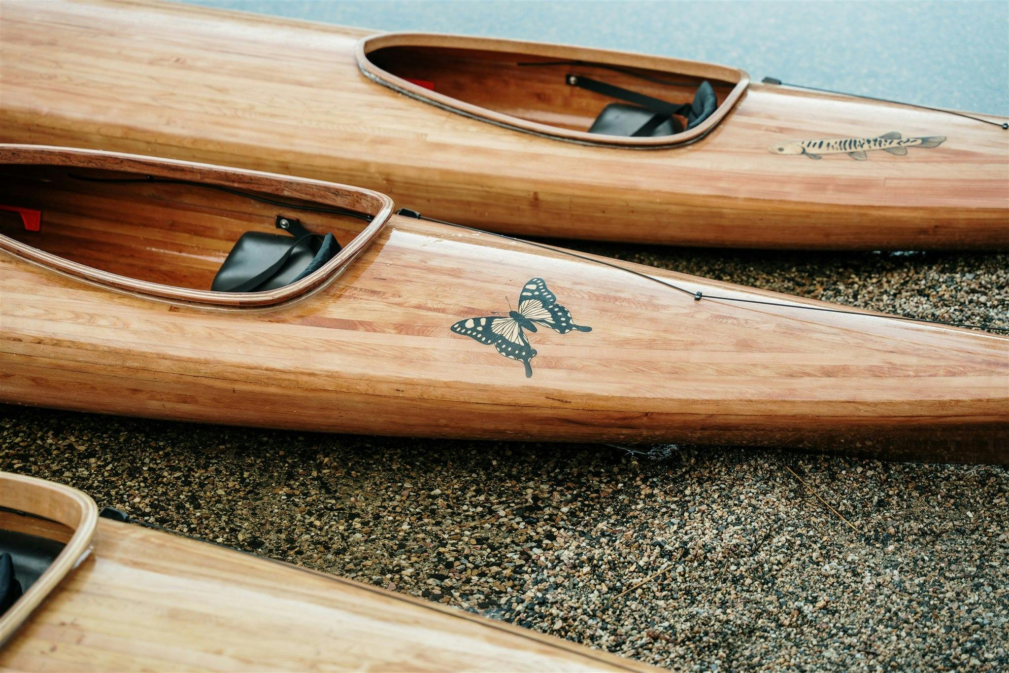 Close up of detail of timber kayaks made of King Billy pine