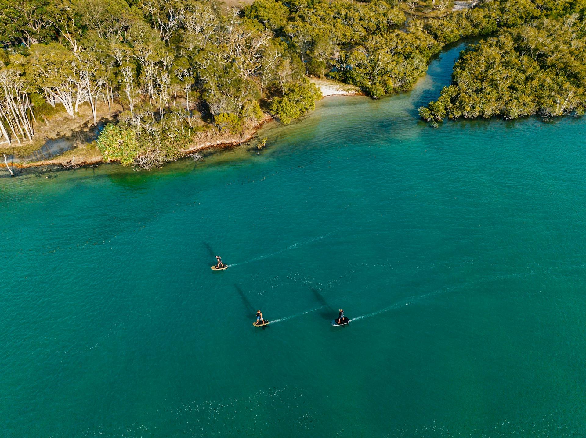 Fliteschool Noosa Ariel shot of efoil lesson .Blue water Sunshine Coast
