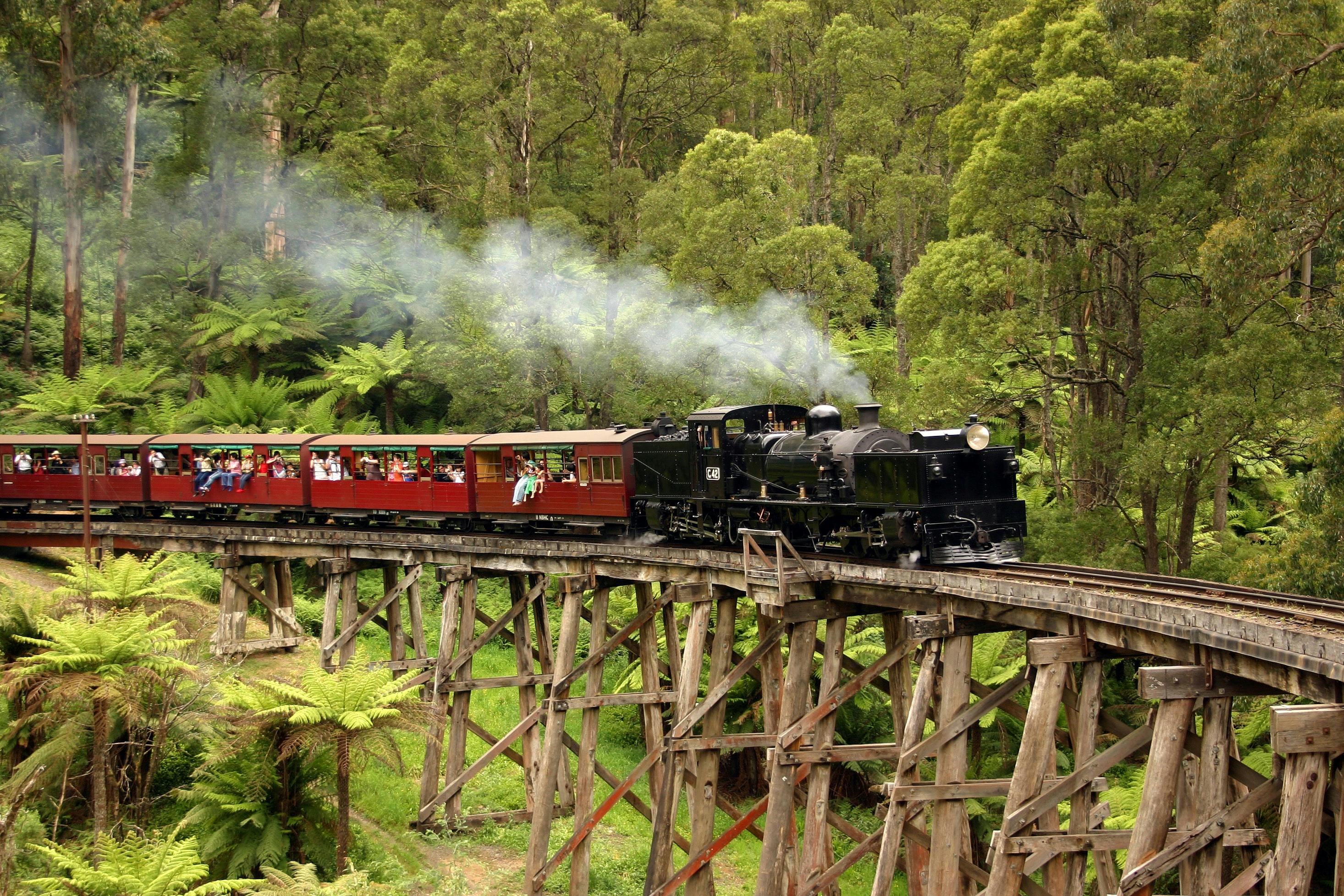 Puffing Billy steam train crossing over the trestle bridge