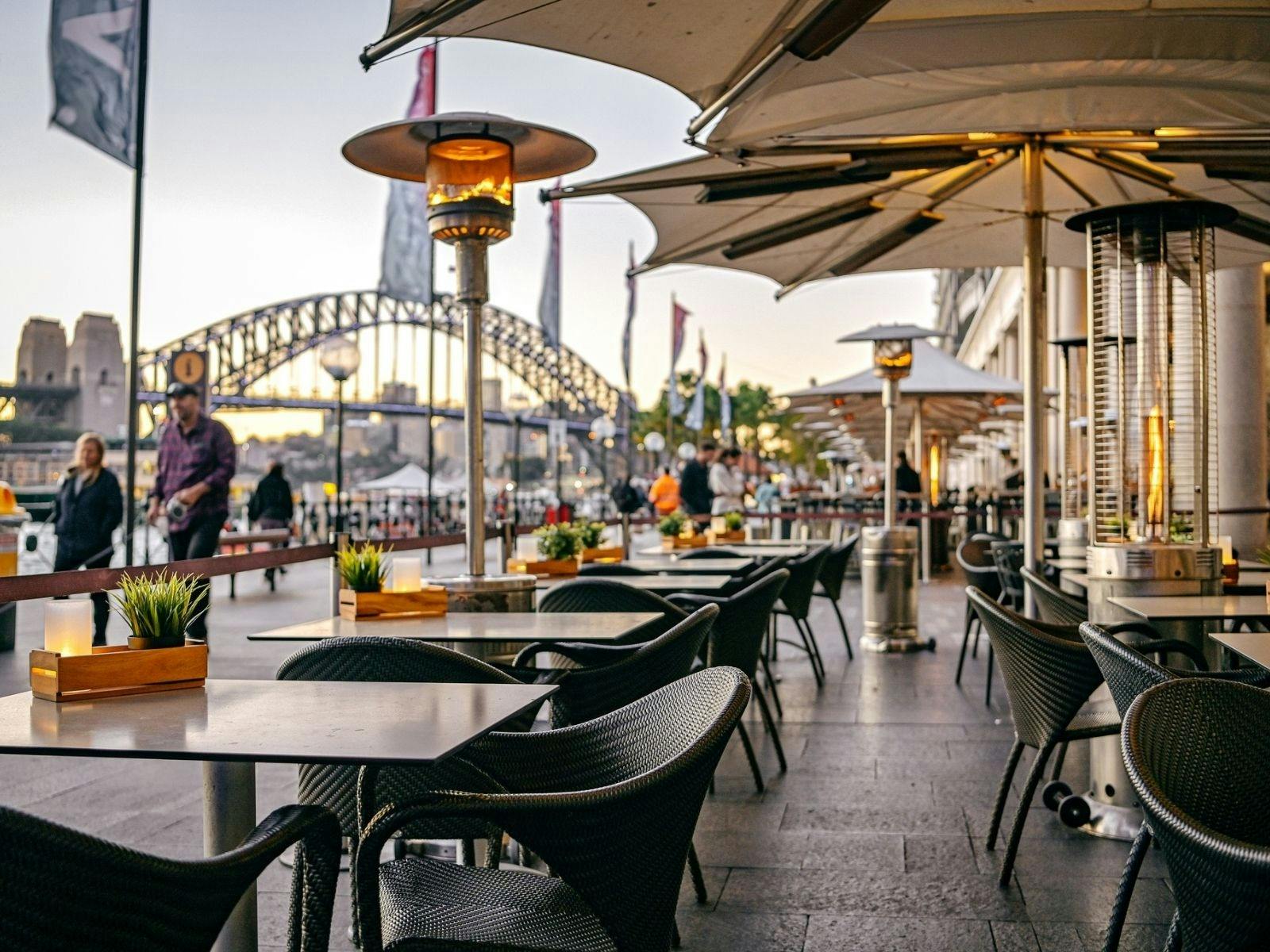 Eastbank alfresco dining space overlooking the Sydney harbour bridge