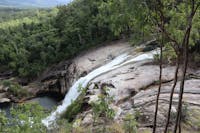 Looking at water cascading down into a pool.