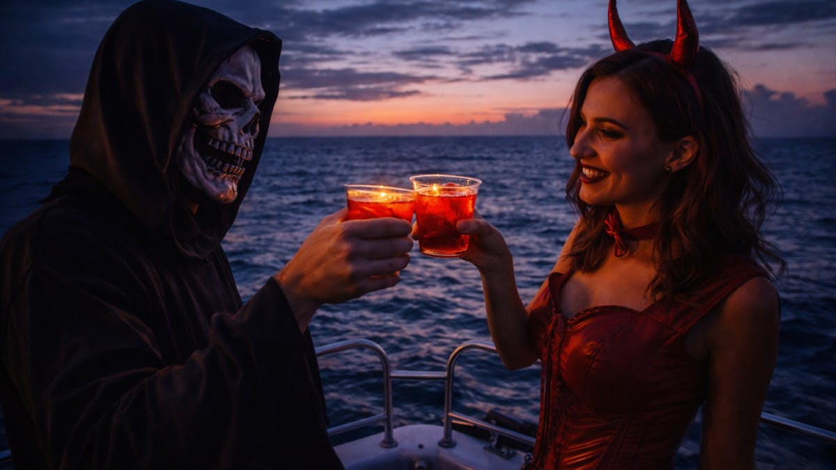 couple in halloween costume clinking glasses at sunset
