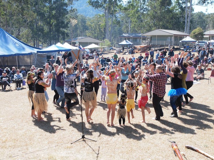 Dancing with Gumbaynggirr Eders and community members at the Clarence Valley Camp Oven Festival