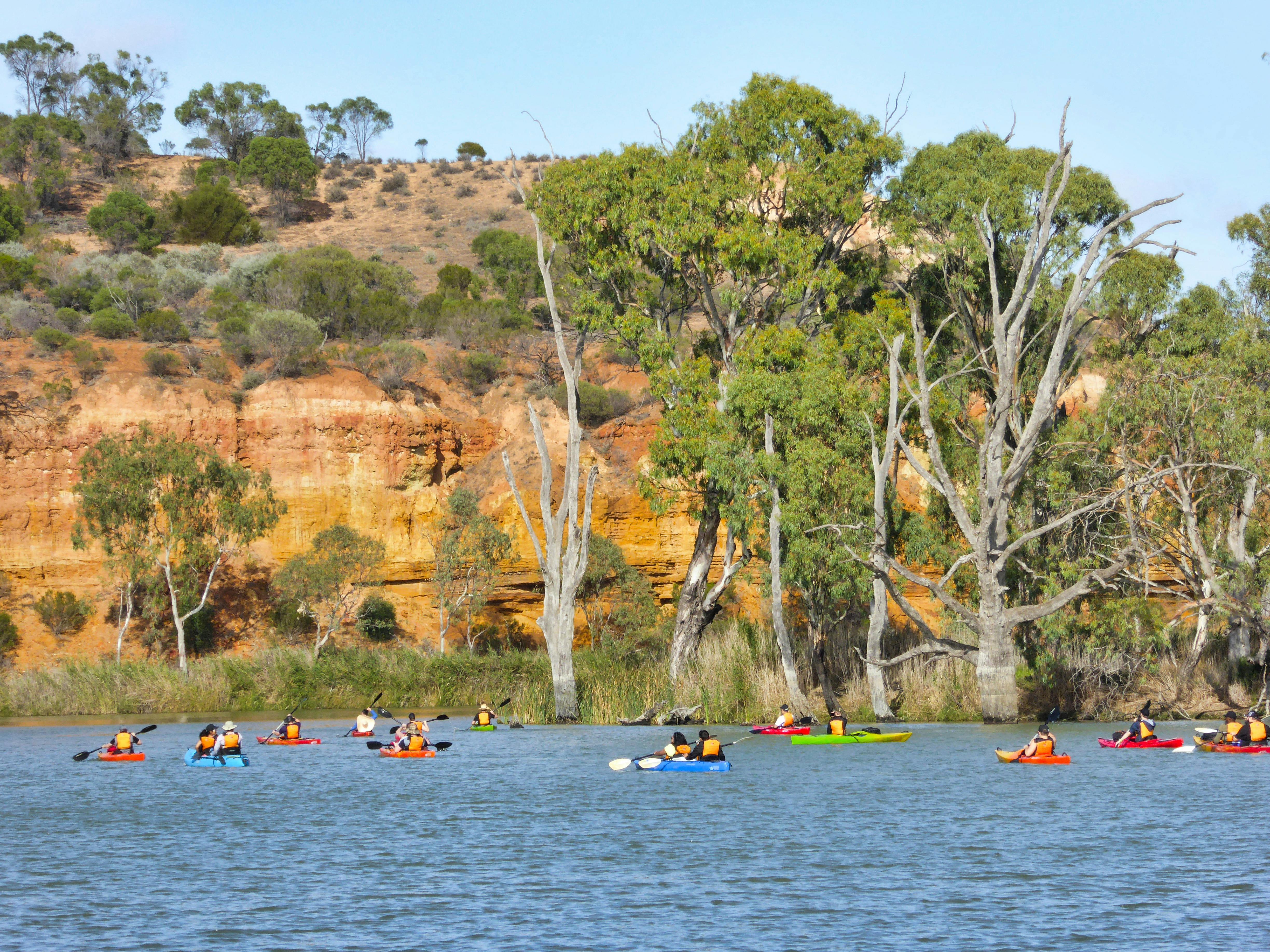 Large group of kayaks paddle towards towering colourful cliffs