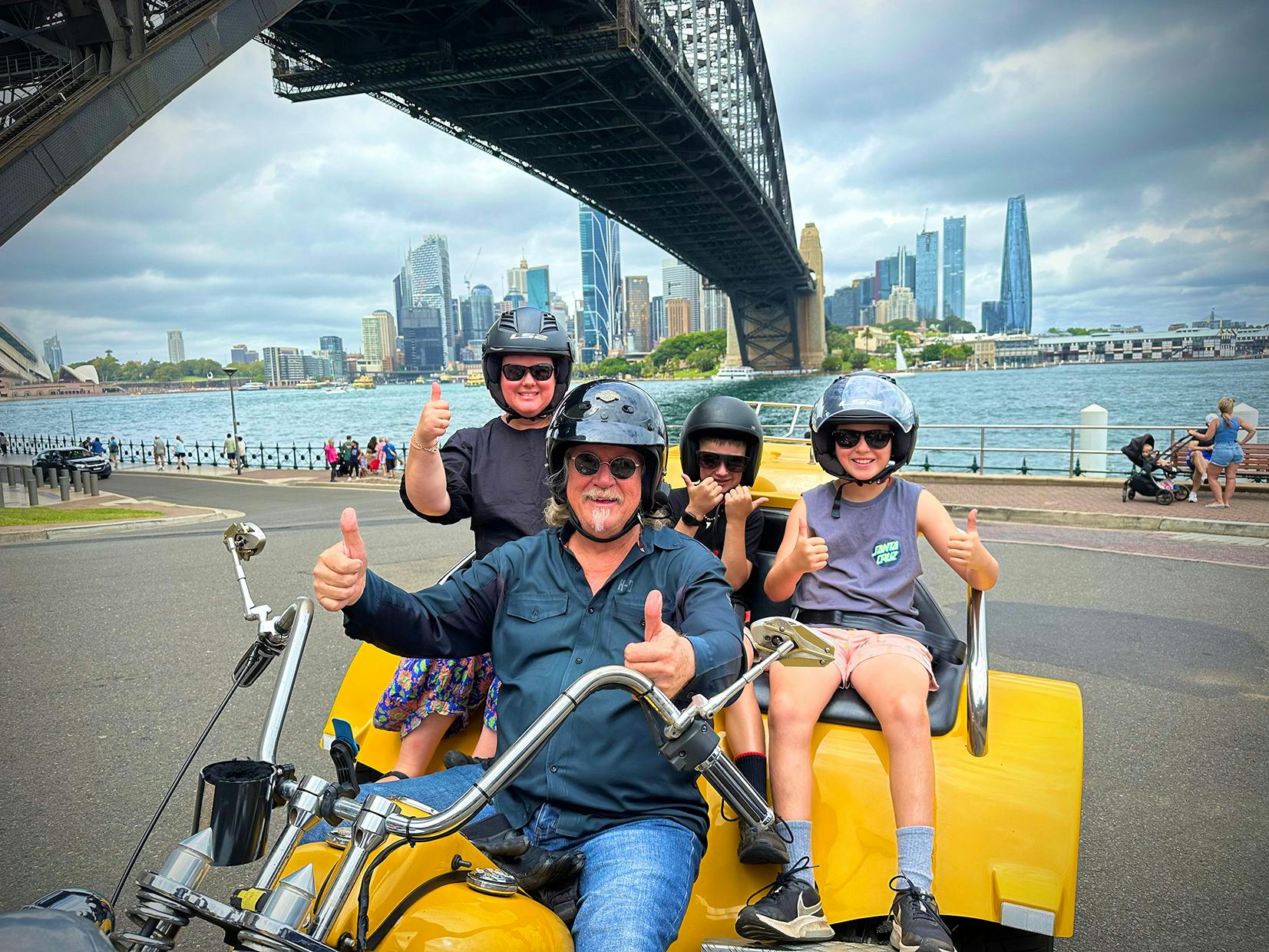 An iconic view in Sydney. Our trikes and Harleys can take anyone from 8 years of age and older.