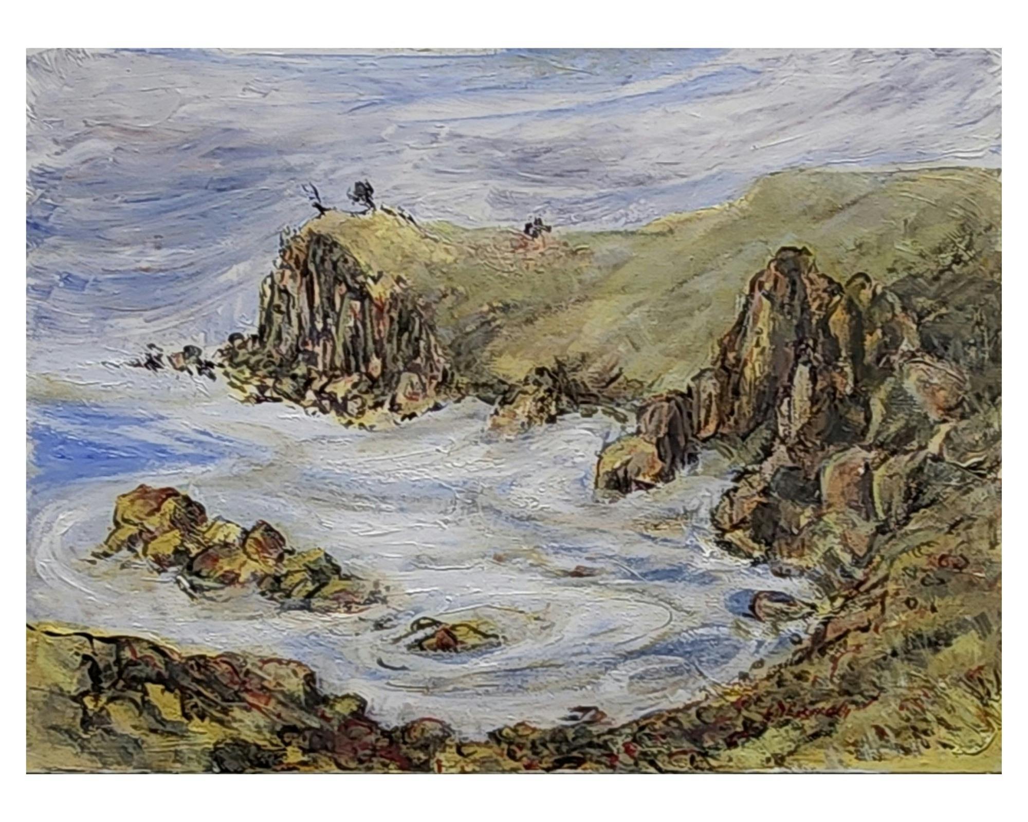 Acrylic painting of turbulent water along a rocky coastline
