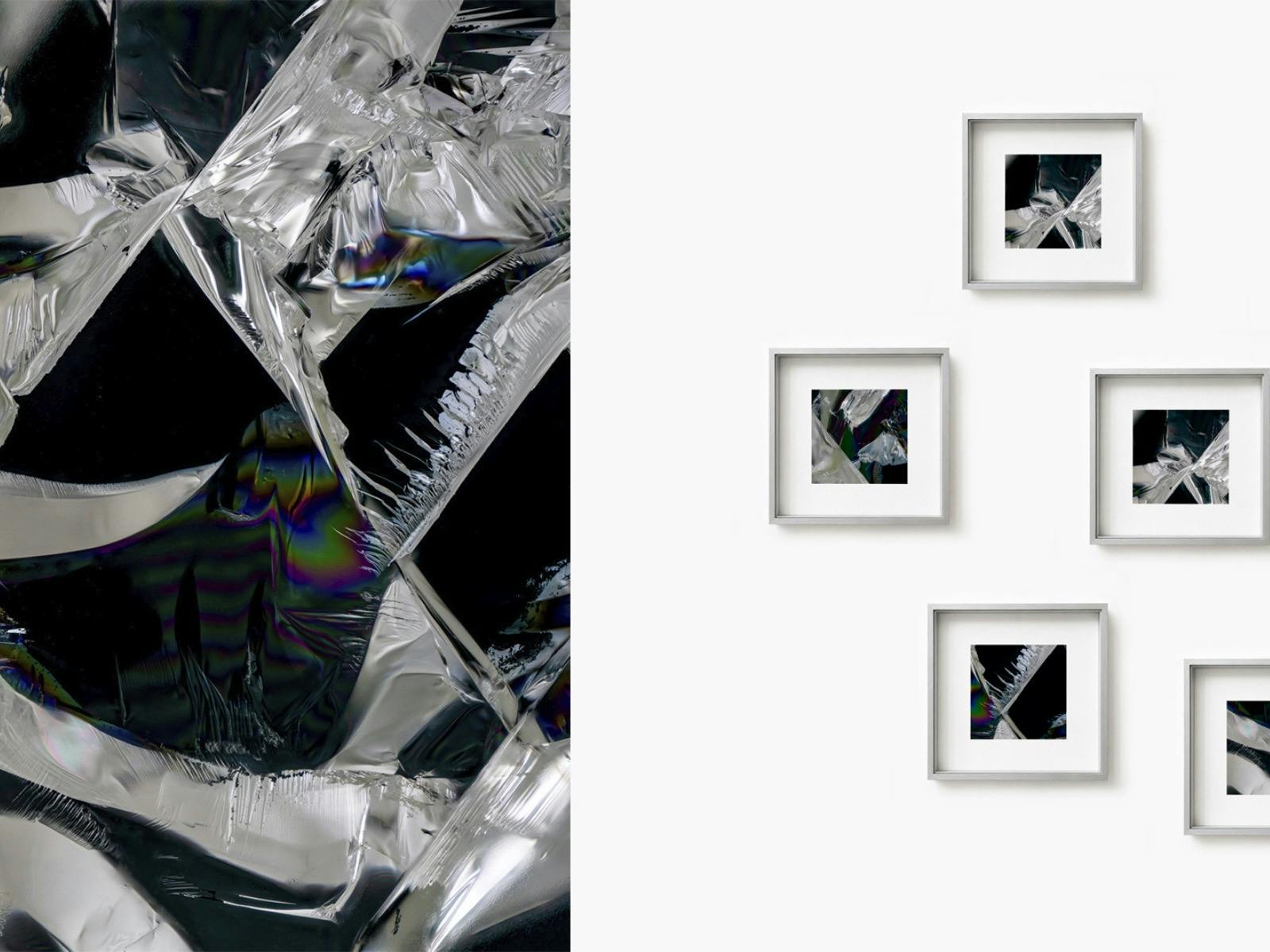 Individual black and white framed photographs and a macro image