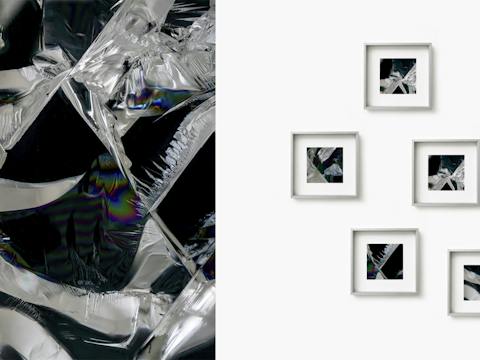 Individual black and white framed photographs and a macro image