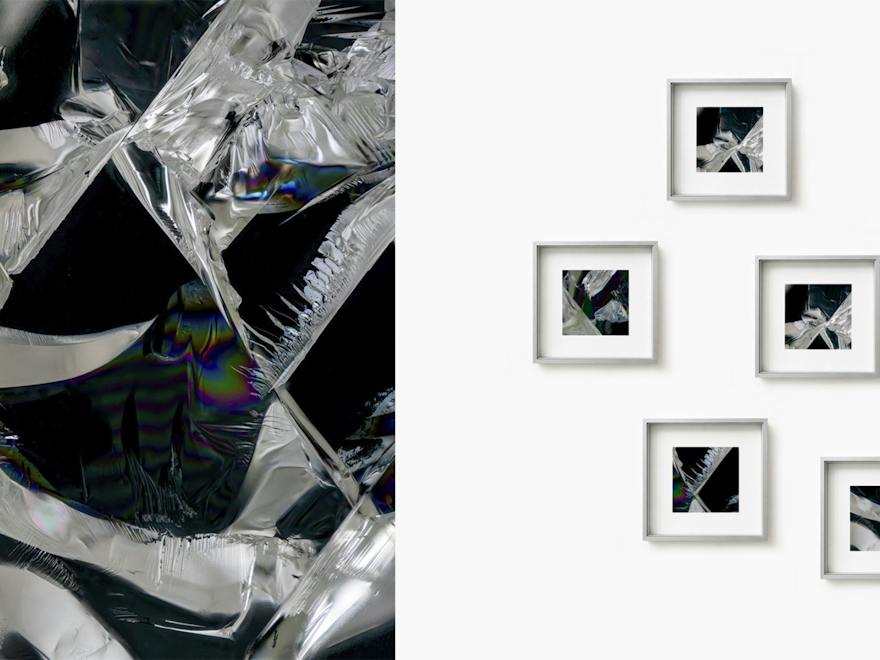 Individual black and white framed photographs and a macro image