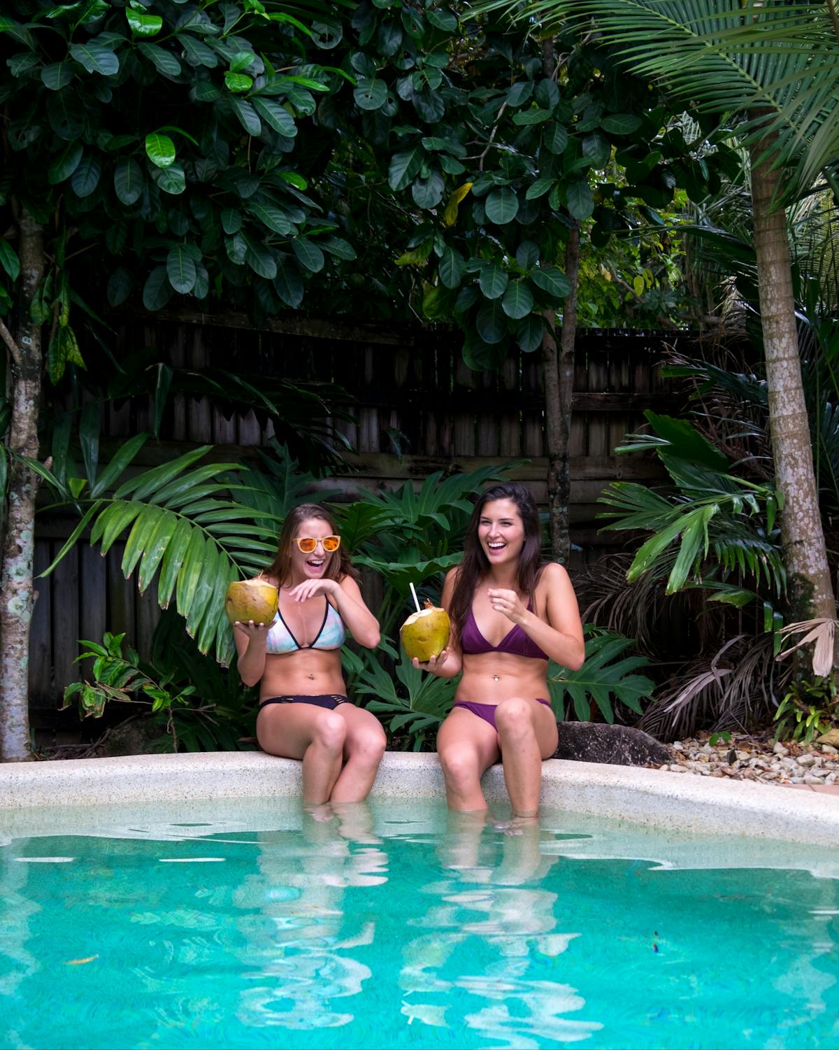 Sipping coconuts by the pool