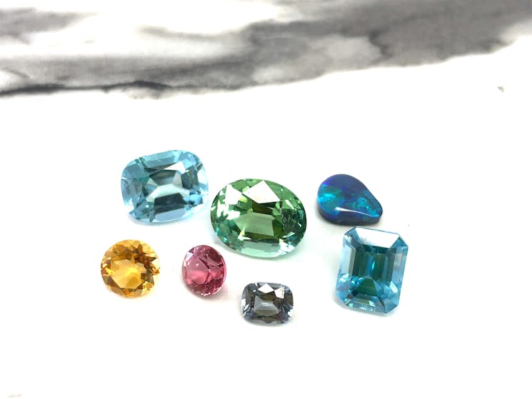 Aquamarine, Tourmaline, Citrine, Spinel, Black Opal from our instore collection