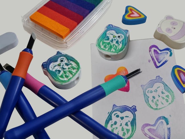 rubber stamps with linocut carving tools and rainbow ink pad