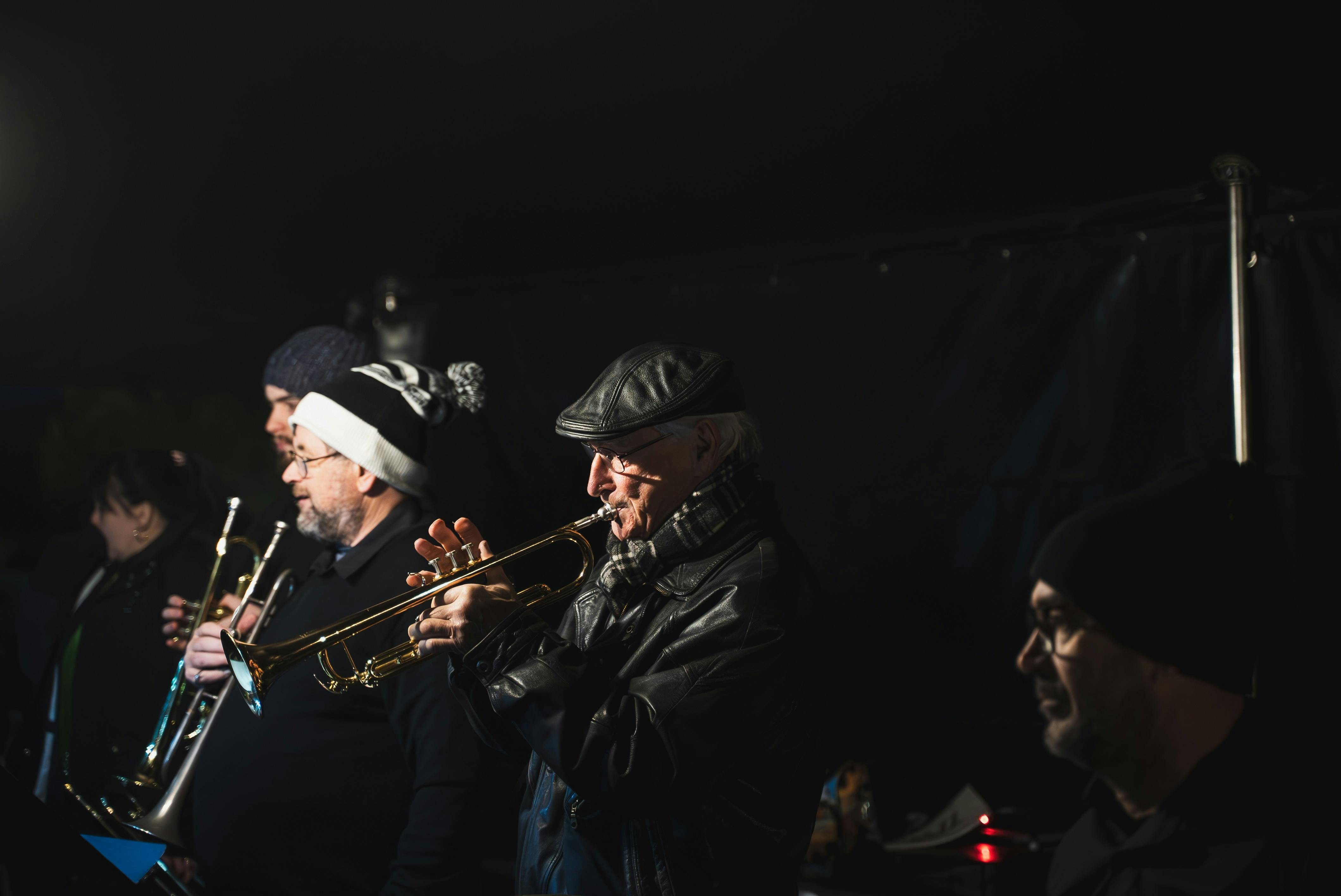 Wynyard Band playing instruments rugged up!