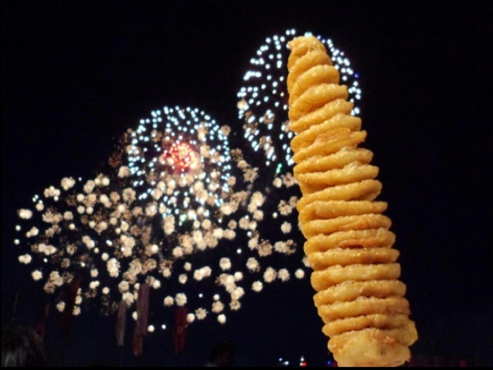 spiral potato in front of fireworks