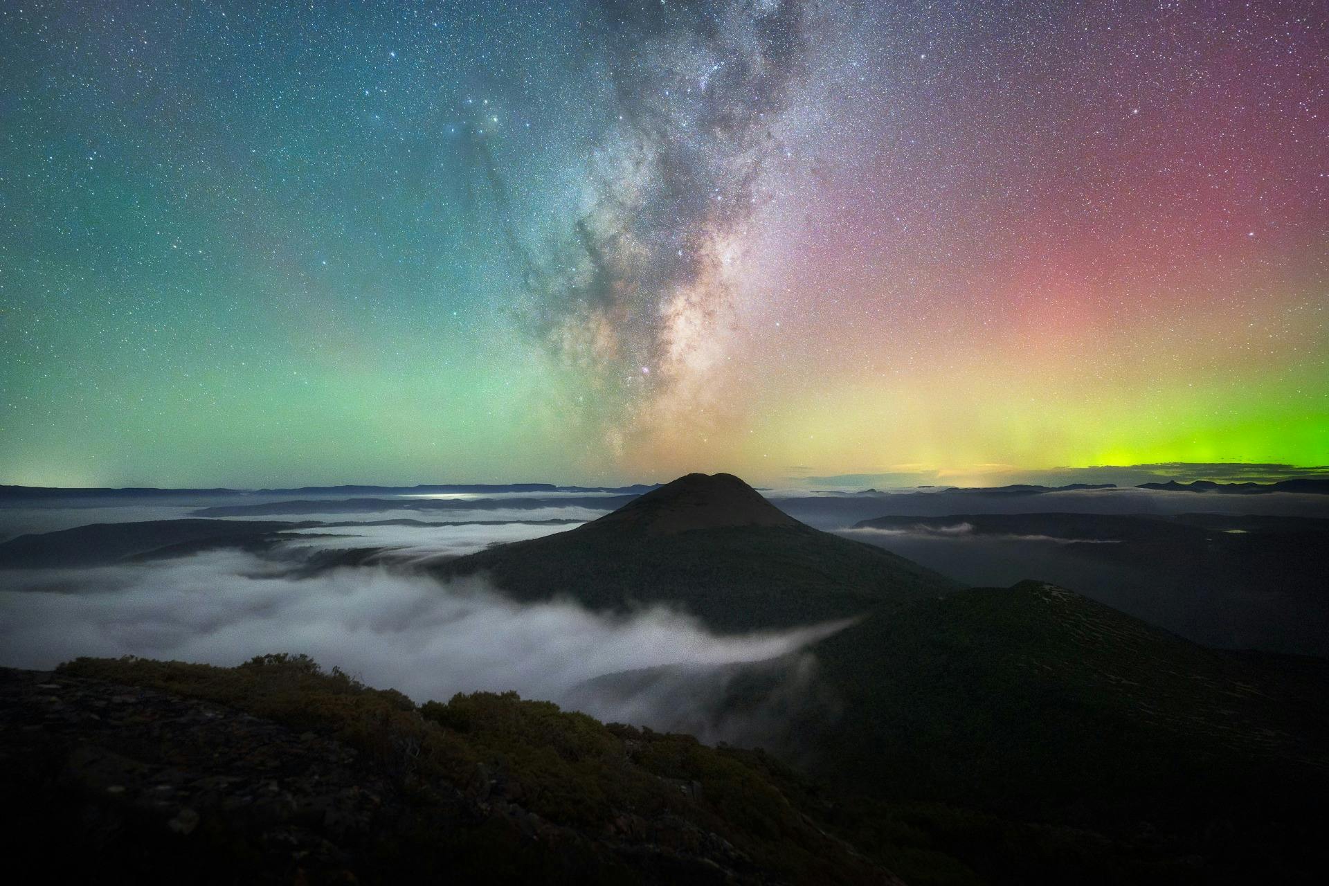 The milky way rising over Mount Emmett, Cradle Mountain-Lake St Clair National Park.