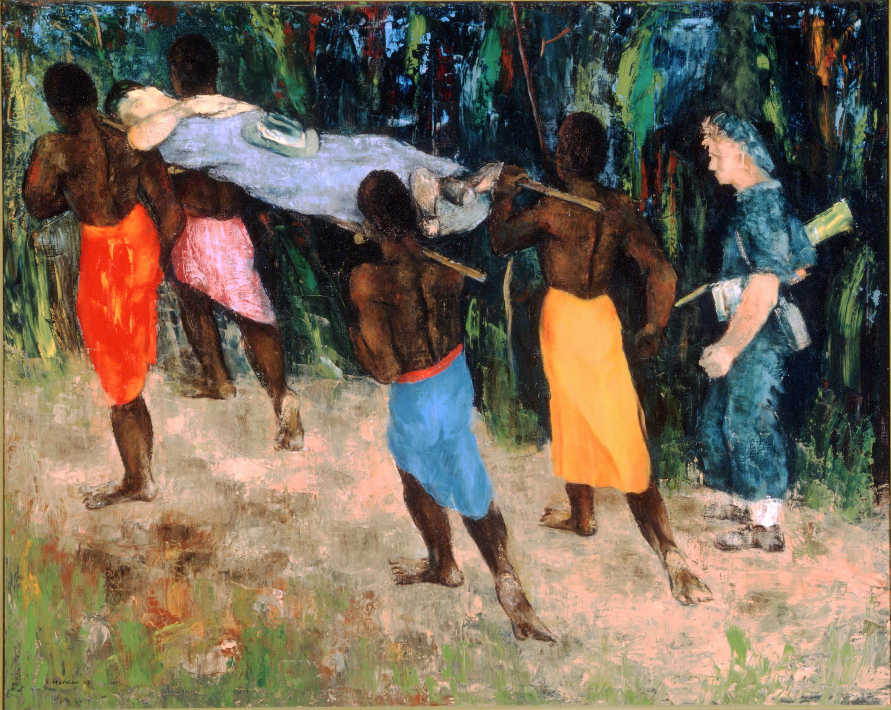 four men carrying wounded soldier