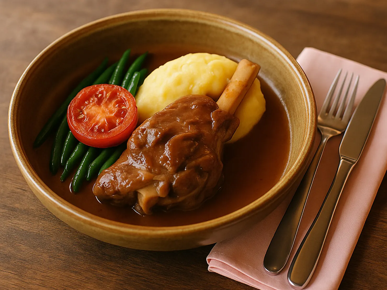 Tender lamb shank in rich gravy, served with vegetables