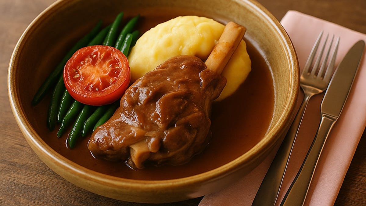 Tender lamb shank in rich gravy, served with vegetables